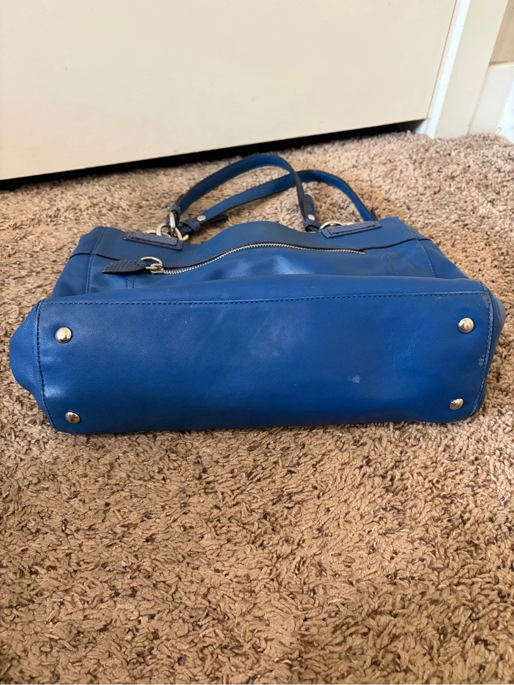 Coach Penelope Cobalt Blue Leather Tote Bag Snakeskin Trim EUC